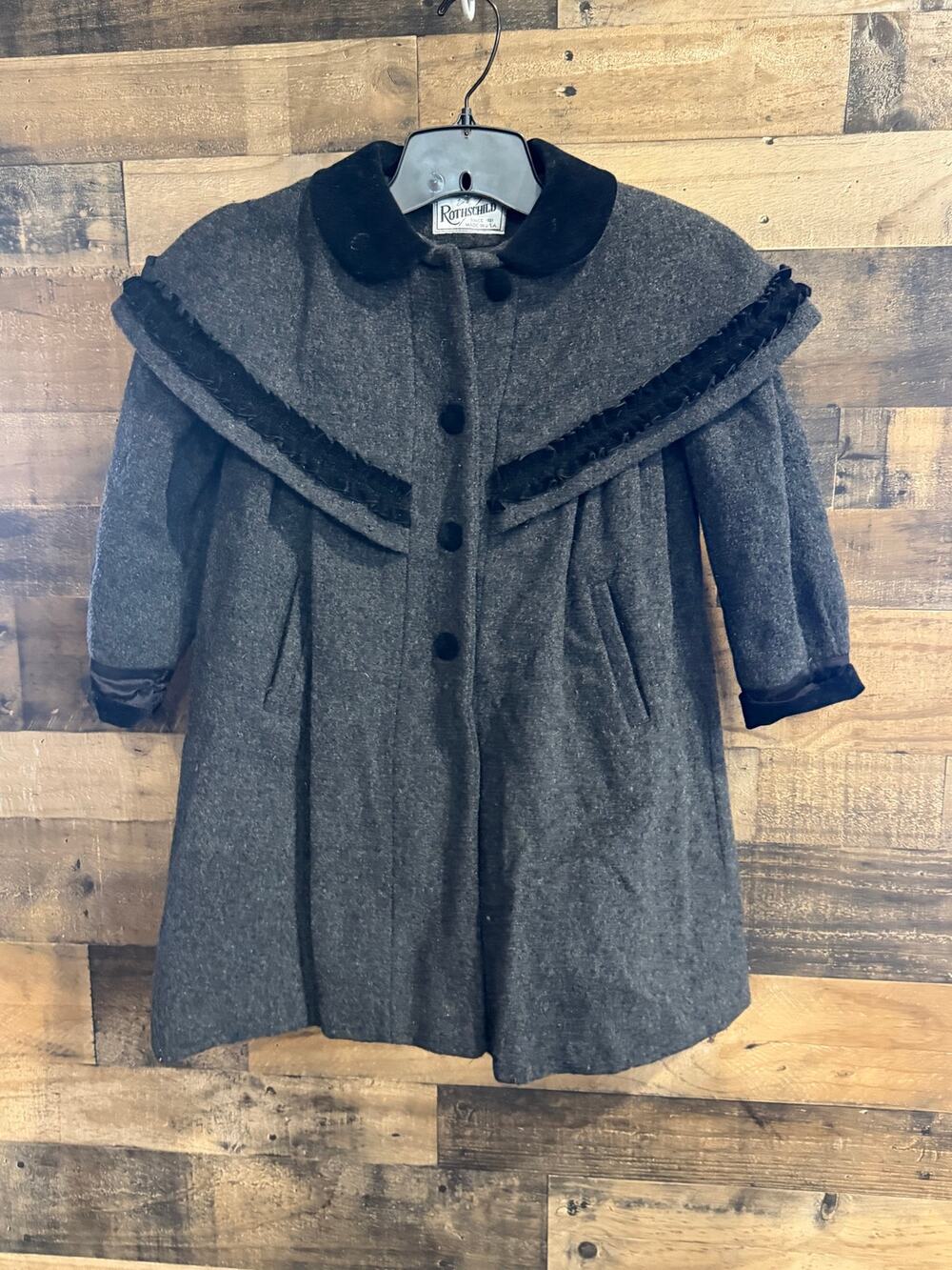 Vintage Rothschild Gray Wool Velvet Trim Capelet Coat with Back Bow